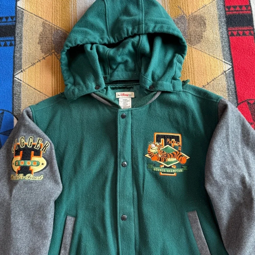 Vintage Disney Store Tigger Varsity Jacket Green Wool Blend Hooded Bomber Mens M - Picture 7 of 12
